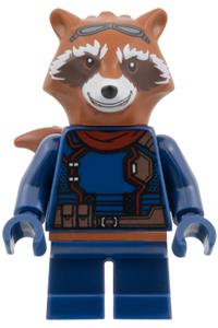 Rocket Raccoon Minifigure - Rocket Raccoon with a reddish brown head, wearing a dark blue outfit and a dark red scarf - sh1068