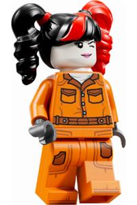 Harley Quinn Minifigure - Harley Quinn wearing a prison jumpsuit with side pockets, pigtails, and roller skates - sh1080