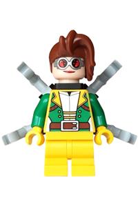 Female Doc Ock Minifigure - Female Doc Ock with medium legs, green open jacket, light bluish gray arms, and round goggles - sh1118