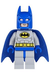 Batman with light bluish gray suit with yellow belt and crest, blue mask and cape sh111