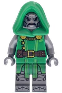 Dr. Doom Minifigure - Dr. Doom wearing a green hood with flat silver arms and flat silver legs - sh1154