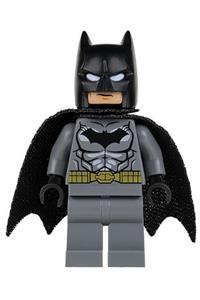 Batman with dark bluish gray suit, gold belt, black hands, spongy cape sh151
