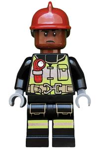 Firefighter Minifigure - Firefighter with a dark red fire helmet, reddish brown head, and reflective stripes - sh579