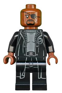 Nick Fury Minifigure - Nick Fury wearing a gray sweater and a black trench coat - sh585