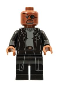 Nick Fury Minifigure - Nick Fury wears a gray sweater under a black trench coat with no shirt tail - sh585b