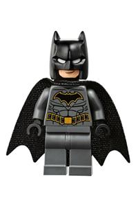 Batman Minifigure - Batman wearing a dark bluish gray suit with a gold outlined belt and crest, along with a mask and cape - sh589