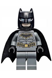 Batman with a dark bluish gray suit with gold outline belt and crest and mask and cape sh589a