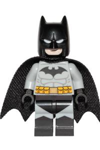 Batman Minifigure - Minifigure wears a light bluish gray suit with a yellow belt, black crest, mask, and cape - sh689