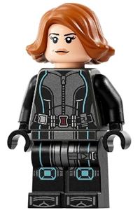 Black Widow Minifigure - Black Widow with dark orange short hair, wearing a black jumpsuit with metallic light blue trim and printed legs - sh881