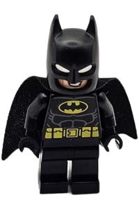 Batman Minifigure - Batman with a black suit, yellow belt, cowl with white eyes, and a lopsided grin/open mouth smile with teeth - sh902
