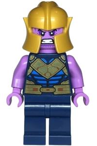 Thanos Minifigure - Thanos with dark blue legs, medium lavender arms, and a pearl gold helmet - sh906
