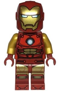 Iron Man Minifigure - Iron Man in dark red and gold armor with a round arc reactor, pearl gold arms, and a one-piece helmet - sh910
