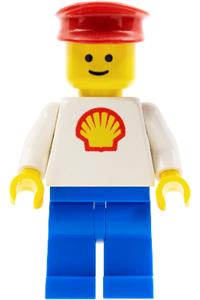 Shell Worker Minifigure - Classic Shell minifigure (with Shell logo sticker)  with blue legs and a red hat - shell001