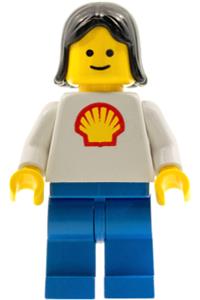 Shell Worker Female Minifigure - Shell Worker female (with Shell logo sticker)  minifigure with black hair and blue legs - shell002