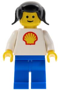 Shell Worker Female Minifigure - Classic Shell minifigure (with Shell logo sticker)  with blue legs and black pigtails hair - shell004