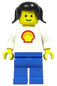 Shell Worker Female Minifigure - Classic Shell minifigure with black pigtails hair and blue legs wearing a shell - shell004a