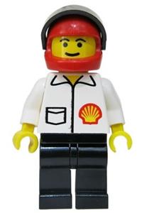 Shell Worker Minifigure - Minifigure with a red helmet and black visor, wearing a Shell jacket and black legs - shell006