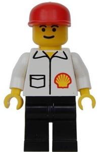 Shell Worker Minifigure - Minifigure wearing a red cap and a Shell jacket with black legs and eyebrows - shell008