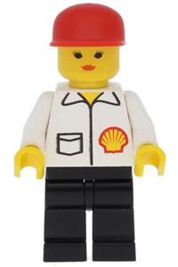 Shell Worker Female Minifigure - Female minifigure with a red cap, wearing a black Shell jacket and black legs - shell009