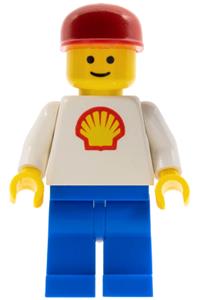 Shell Worker Minifigure - Male shell worker (with Shell logo sticker) with a red cap and blue legs featuring a classic Shell design - shell010