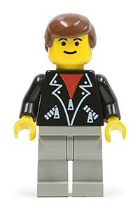 Male with Leather Jacket Minifigure - Minifigure with brown hair and eyebrows, wearing a leather jacket with zippers, and light gray legs - shell011