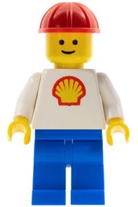 Shell Worker Minifigure - Classic Shell minifigure (with Shell logo sticker)  with blue legs, wearing a red construction helmet - shell012