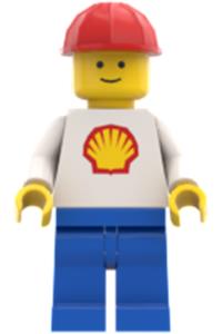 Shell Worker Minifigure - Classic Shell minifigure with blue legs and a red construction helmet - shell014