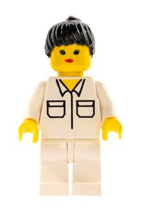 Town Female Minifigure - Minifigure with black ponytail hair, wearing a shirt with 2 pockets and white legs - soc001