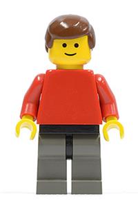 Male with Plain Red Torso - Minifigure with red torso, red arms, brown male hair, and dark gray legs - soc005