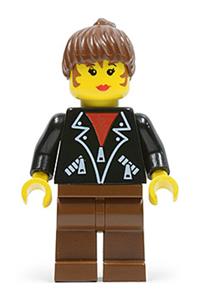 Female Soccer Fan Minifigure - Minifigure with a brown ponytail hair, wearing a leather jacket with zippers and brown legs - soc006