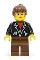 Minifigure with a brown ponytail hair, wearing a leather jacket with zippers and brown legs - soc006