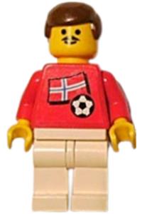 Norwegian Player Minifigure - Norwegian soccer player with a Norwegian Flag torso sticker on the front and a black number sticker on the back - soc018s05