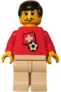 Swiss Player Minifigure - A soccer player with Swiss Player 3 design, Swiss flag torso sticker on front, and black number sticker on back - soc030s03