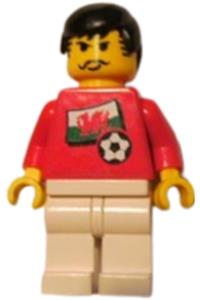 Welsh Player Minifigure - A soccer player wearing Welsh Player 3 jersey, with a Welsh flag torso sticker on front and black number sticker on back - soc030s04