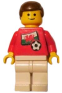 Welsh Player Minifigure - A soccer player wearing a Welsh Player 4 jersey with a Welsh flag torso sticker on front and a black number sticker on back - soc036s04