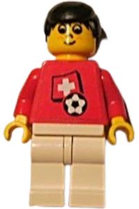 Swiss Player Minifigure - Soccer player with Swiss Player 5 on torso, Swiss Flag sticker on front, and black number sticker on back - soc040s03
