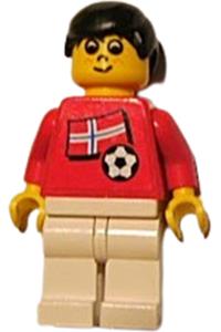 Norwegian Player Minifigure - Norwegian soccer player wearing a Norwegian Player 5 jersey with a flag sticker on the front and a black number sticker on the back - soc040s05