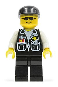 Police Sheriff Minifigure - Police officer with sheriff star and 2 pockets, black legs, white arms, black cap, and black sunglasses - soc045