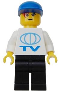 Soccer TV Crew Minifigure - Minifigure with a large TV logo pattern, black legs, and a blue cap - soc048