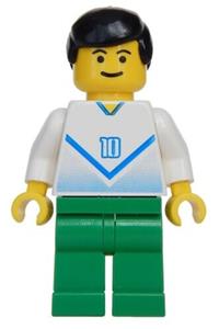 Soccer Player White & Blue Promo Player - Promotional soccer player minifigure wearing a white and blue shirt with the number 10 - soc099