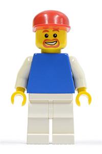 Male with Plain Blue Torso - Minifigure with plain blue torso, white arms, white legs, and a red cap - soc114