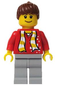 Soccer Fan Minifigure - Red soccer fan with sand blue legs, wearing a torso sticker with a striped scarf and dots pattern - soc115s