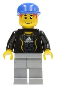 Soccer Goalie Minifigure - Soccer goalie minifigure with a black torso featuring Adidas logo and white and yellow stickers - soc117s