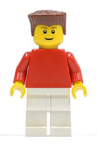 Male with Plain Red Torso - Minifigure with a plain red torso, red arms, white legs, and reddish brown flat top hair - soc118