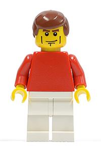 Male with Plain Red Torso - Minifigure with a plain red torso and red arms, white legs, and reddish brown male hair - soc120