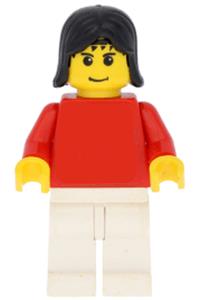 Female with Plain Red Torso - Minifigure with plain red torso and red arms, white legs, and black female hair - soc121