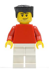 Male with Plain Red Torso - Minifigure with a plain red torso, red arms, white legs, black flat top hair, smirk, and stubble beard - soc122