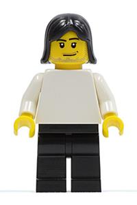 Female with Plain Red Torso - Minifigure with white torso and arms, black legs, and black female hair - soc127