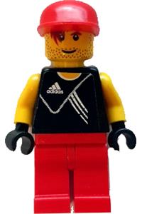 Male with Plain Black Torso - Minifigure with a black torso, yellow arms, black hands, red legs, and a red cap - soc130