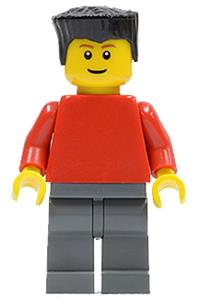 Male with Plain Red Torso - Minifigure with plain red torso and red arms, dark bluish gray legs, and black flat top hair - soc131